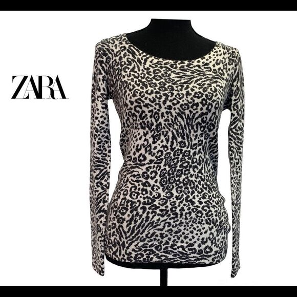 Zara black white long sleeve leopard cheetah print wool cashmere blend sweater M - Picture 11 of 11